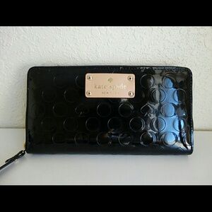 kate spade Black Patent Zip-Around Wallet with Gold Plaque Accent